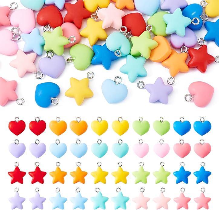 Resin Love Heart Star Flower Charms Colorful Heart Floral Pentagram Pendants Cute Hang Ornament for DIY Crafts Necklace Bracelet Keychain Jewelry Making
