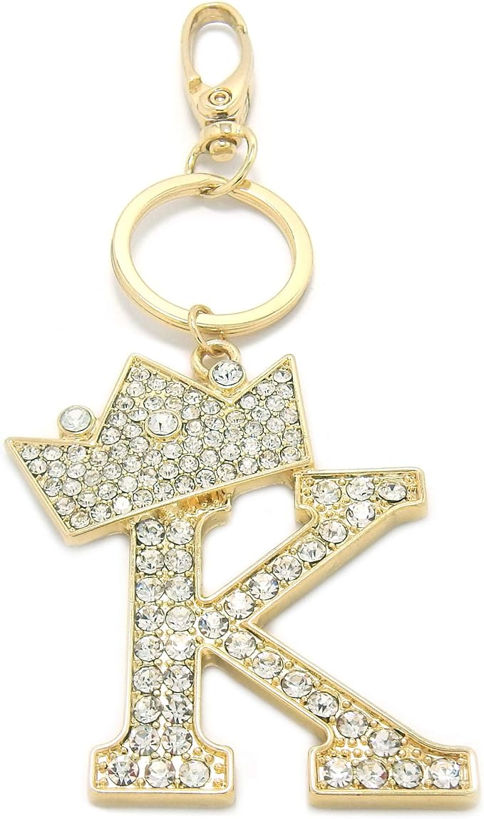 CBC Crown Crystal Rhinestone Letter Initial Keychain, Gold Metal, Bag Charm with Key Ring Approx. 2.17" x 2.56"