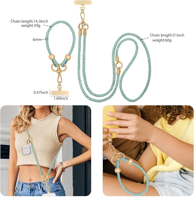Crystal Phone Strap Crossbody and Wrist Lanyard, Anti Theft Layered & Wrist Strap Cell Phone Neck for Women
