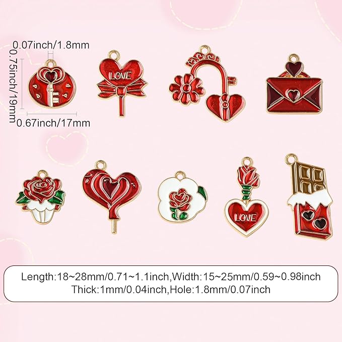 Stiesy 45 Pcs 9 Styles Romantic Sweet Enamel Valentine's Day Charms Red Heart Love Envelope Chocolate Flower Charm Pendant Bulk for DIY Date Necklace Bracelet Earring Presents
