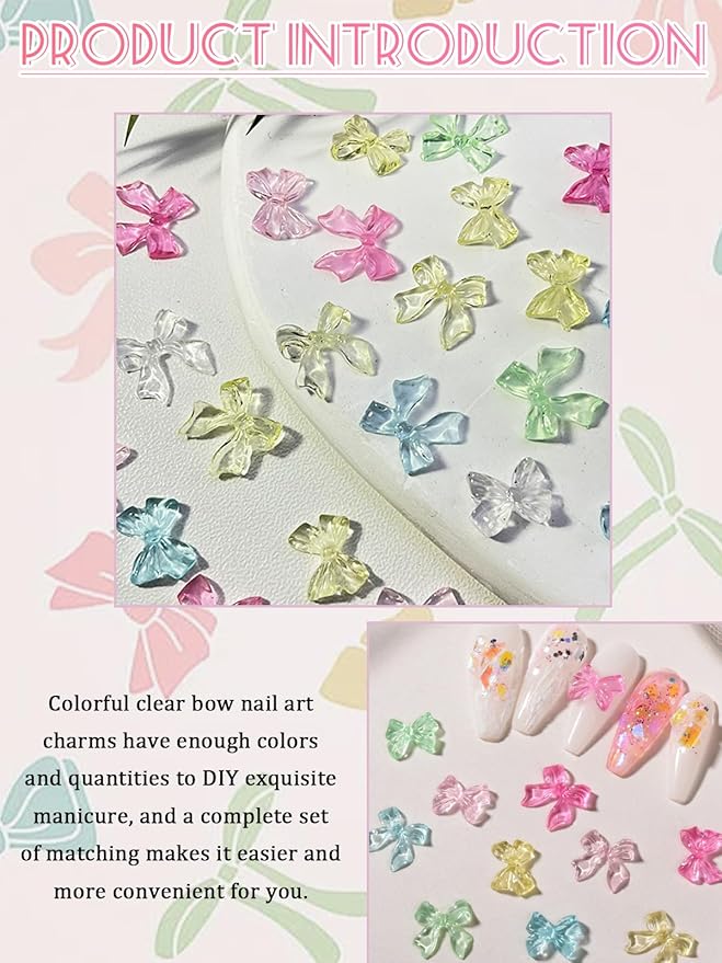 100 Pcs Bow Nail Charms, CYHYII 3D Clear Jelly Mix Color Resin Bow Nail Art Gems Accessories for Women Girls Nail Decorations DIY Craft Jewelry (2 Styles)