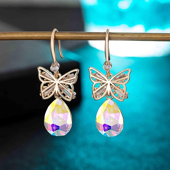 Austrian Crystal Teardrop Butterfly Drop Dangle Earrings for Women 14K Rose Gold Plated Hypoallergenic Jewelry