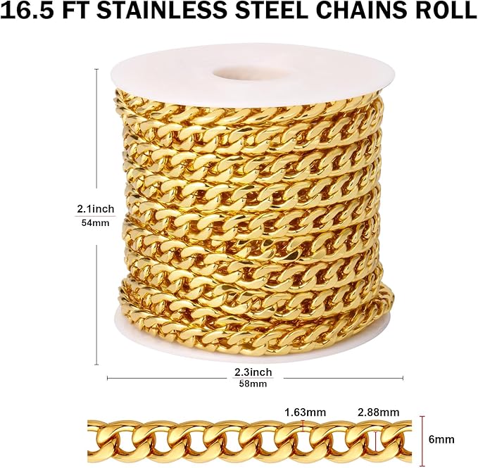 [16.5 FT] 18K Gold Plated Curb Chain for Jewelry Making, 6mm Wide 304 Stainless Steel Cuban Link Chain Roll Bulk for DIY Jewelry Making Craft