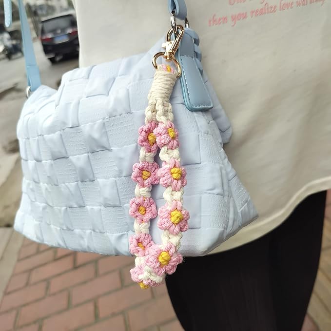 Macrame Keychain Handmade Wristlet Keychain Wrist Lanyard for Keys Cute flower keychain Key Chain for Women