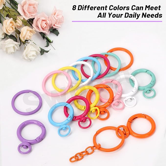 Swpeet Key Ring Carabiner 68Pcs 8Colors O-Shaped Swivel Lobster Claw Clasps with Key Rings, Open Jump Rings and Key Chains Assortment Kit, Metal Swivel Spring Clasps for DIY Craft Making