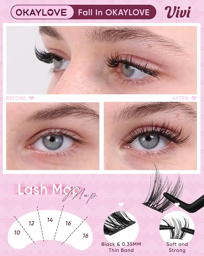 OKAYLOVE Wispy Lash Clusters Kit, VIVI 10-16mm Natural Cluster Eyelash Extensions Kit, 144pcs CC Curl DIY Individual Lashes Black Band Natural Look Eyelashes with Bond and Seal, Remover, Tweezers