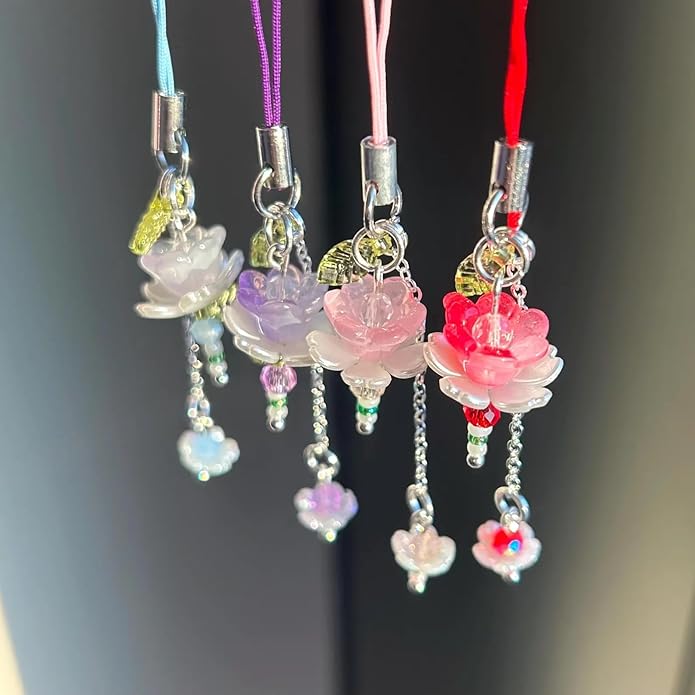 Agromusk Pink Flower Phone Charms,Cute Beaded Lotus Flower Phone Strap Handmade Decor for Women Y2K Accessories Keychain Bag Pendant Gift