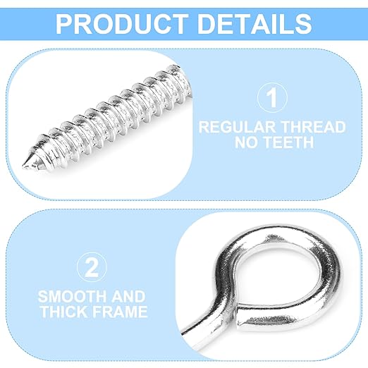 Aovchei Eye Screws, 4 Pcs 4.5 Inch Long, 304 Heavy Duty Stainless Steel Screw Hooks, Rust-Resistant Self Tapping Eyelet Bolts for Wood, Securing Cables Wires, Indoor & Outdoor for Hanging Artwork