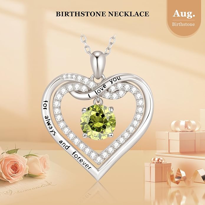 G&GEMSJEW Infinity Heart Birthstone Necklaces for Women, 925 Sterling Silver Jewelry, Pendant Heart Necklaces Birthday Anniversary Christmas Gift for Women Wife Mom Girlfriend Lady