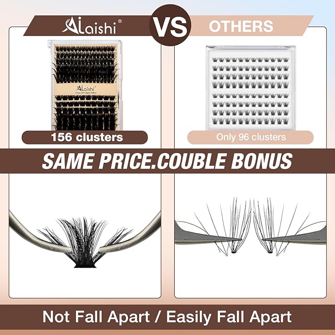 AILAISHI Lash Clusters Kit, DIY Cluster Eyelash Extensions 10‑20mm, 100D+200D, 156pcs Fluffy D Curl Natural Lashes with Bond & Seal,Remover,Tweezers – Fake Cat Eye Individual Clusters