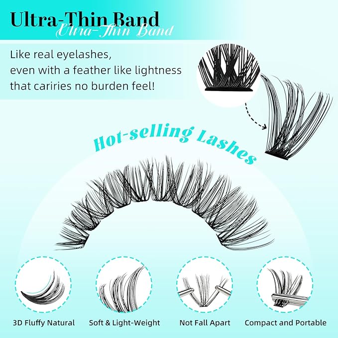 Lash Clusters 240pcs Eyelashes Cluster Individual Wispy Lashes Thin Band for D Curl Lash Extension Eyelashes for Beginners at Home,False Eyelashes Soft Eyelash Clusters(40D,D-Mix9-16mm)