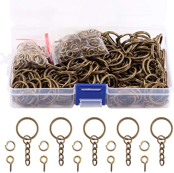 Swpeet 450Pcs 4/5 Inch 20mm Bronze Flat Key Chain Rings Kit, Including 150Pcs Split Keychain Rings with Chain and 150Pcs Jump Ring with 150Pcs Screw Eye Pins Bulk for Jewelry Findings Making