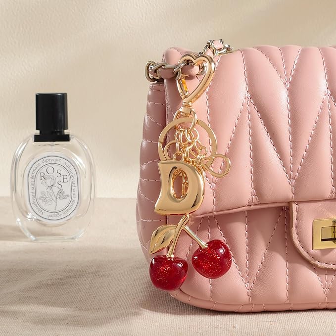 Snycler Bubble Initial Keychain with Cherry & Bow - Gold Letter Bag Charms for Women, Cute Purse Handbag Accessories