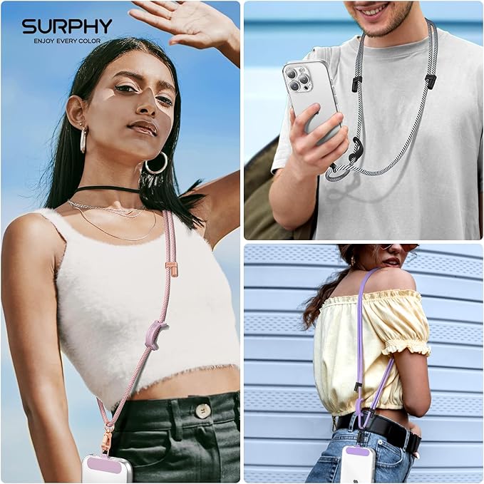 SURPHY Phone Lanyard, Adjustable Phone Strap Crossbody with 2 Pack Phone Tether Tab, Premium Metal Buckles and Two-Color Braided Cell Phone Lanyard Crossbody for Women and Men, Black & White