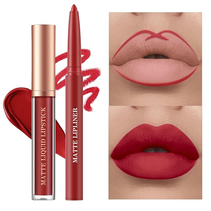 BestLand 6Pcs Matte Liquid Lipstick + Lip Liner Pens Set, One Step Lips Makeup Kits Pigment Velvety Nude Lip Stain Waterproof Long Wear Lip Gloss Make up Gift Set (Natural Allure Bundle)