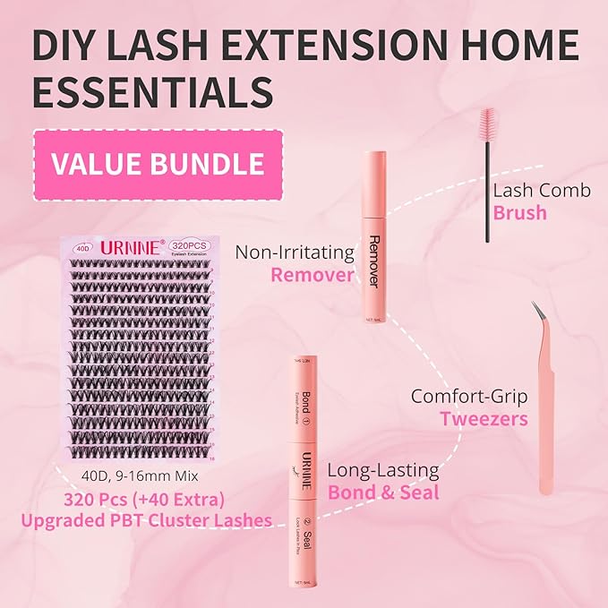URNNE Lash Extension Kit, 320Pcs Lash Clusters, 40D Lash Clusters Kit, 9-16 mm Individual Cluster Eyelash Extensions with Lash Bond and Seal, Remover, Lash Tweezer DIY Lash Extensions at Home