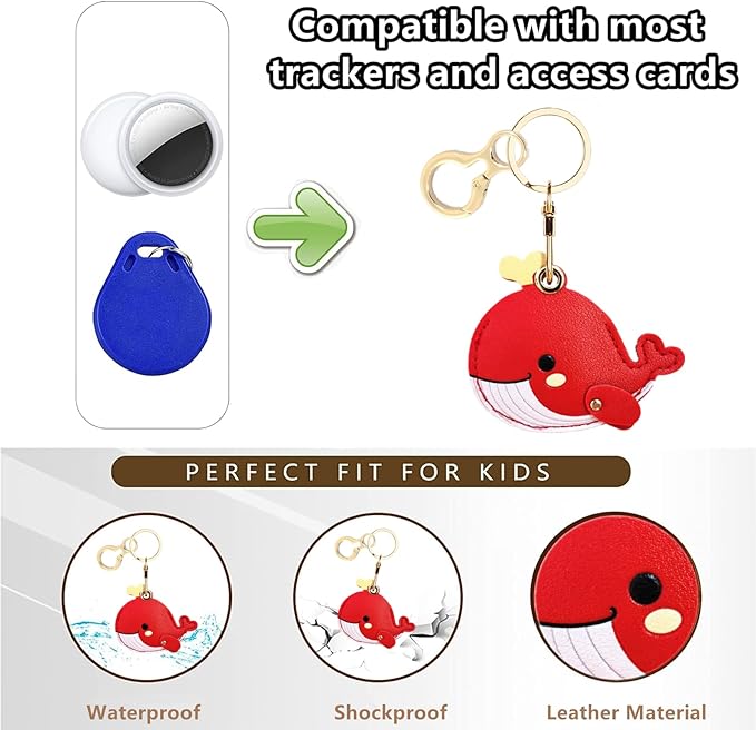 Leather Keychain Holder Case Compatible with AirTag,Cute Protective Cover with Keyring,Anti-Scratch Finder GPS Tracker Case for Wallet Keys,Bag,Pets(Whale Red)