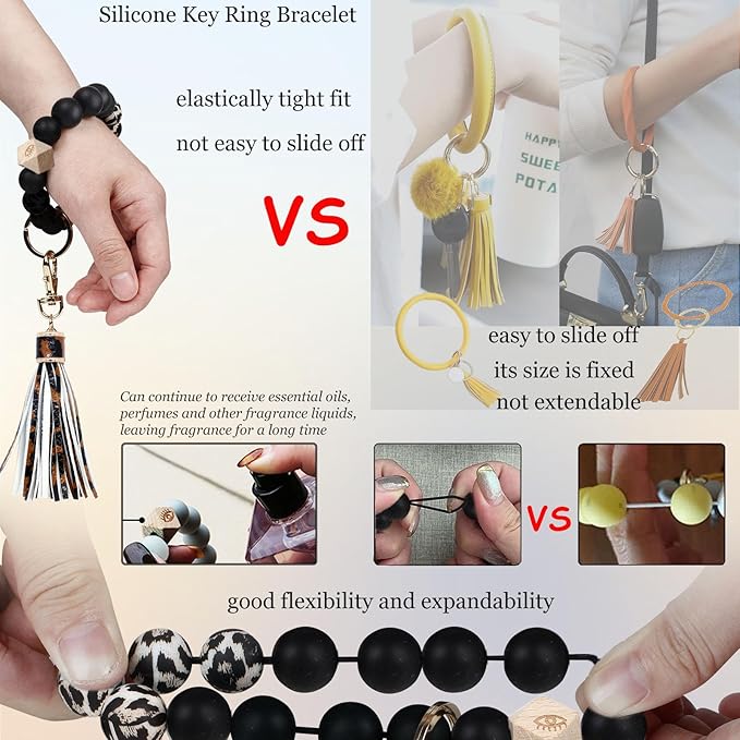 BIHRTC Key Ring Bracelet Car Keychain Holder Wristlet Silicone Women Beaded Bangle Chains