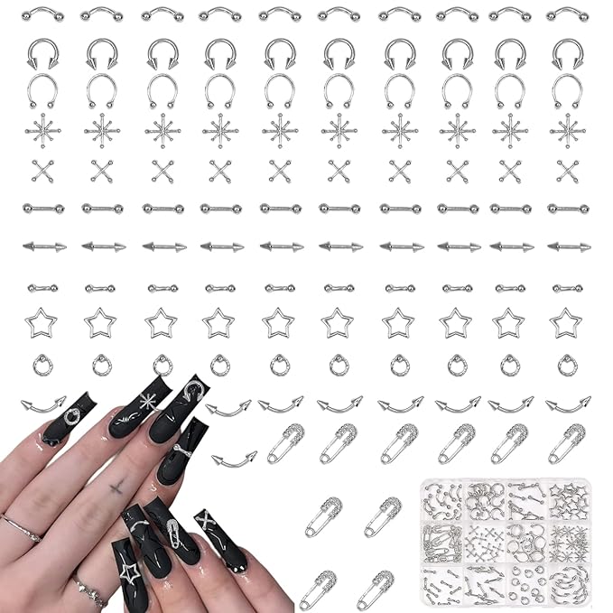 120 Pcs Mixed Nail Charms, CYHYII 1 Box Silver 3D Star Retro Nail Art Charm Y2K Metal Cross for Acrylic Nail Nail Art Design DIY Craft(12 Styles)