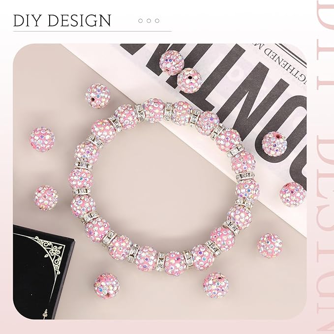 200 Pcs Pink AB Rhinestone Beads for Jewelry Making, Sparkle Crystal Clay Christmas for Bracelet Baseball Necklace Earring Crafting and DIY, Shiny Round Shamballa Disco Ball Beads Bulk