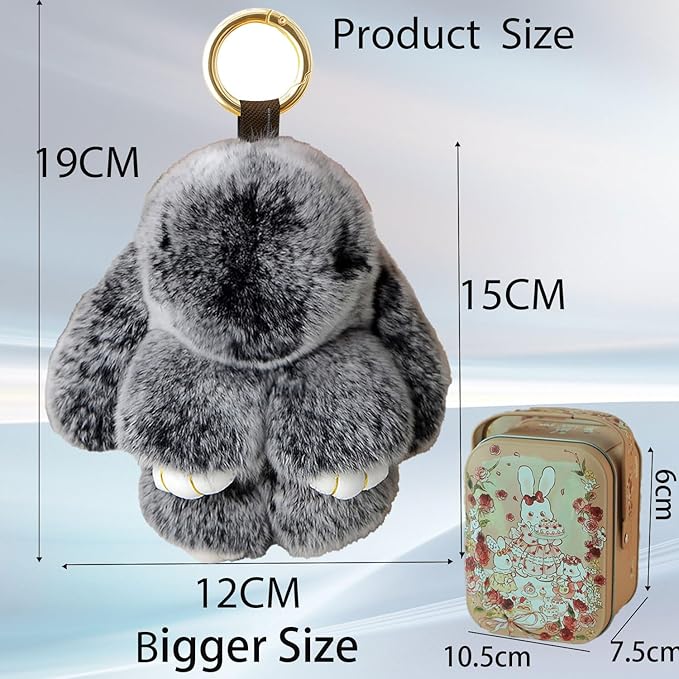 Bunny Keychain with Tin,Bunny Handmade Soft Pompom Charms,Fluffy Keychain Accessories for Womens