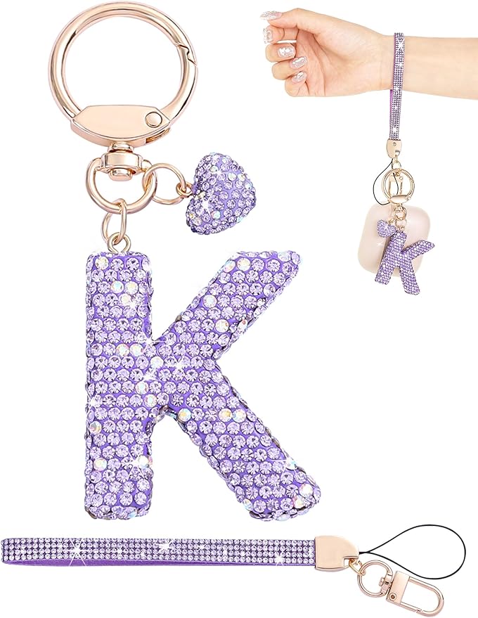 Initial Keychain for Women Girls,Bling Letter Key chain Initial with Heart,Pink Keychain Charms for Backpack Handbag
