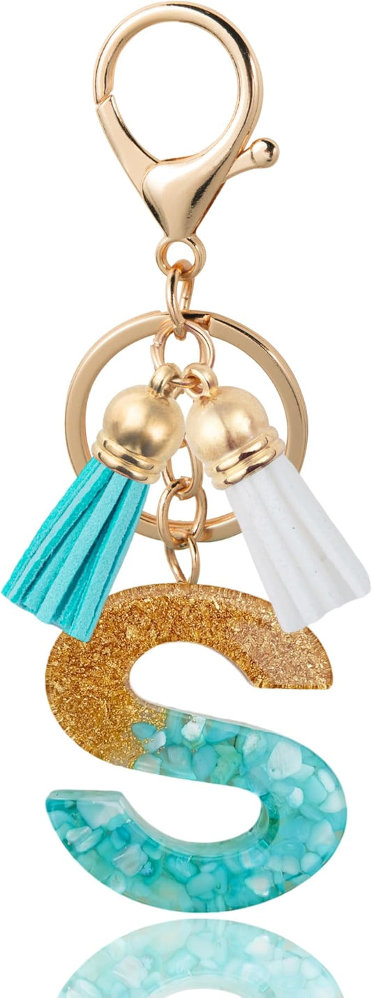 Initial Letter Keychain Cute Resin with 2 PU Tassel, Letter Keychain for Backpack Charms, Initial Keychains for Women