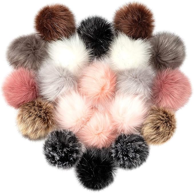 20 Pcs Faux Fur Pom Poms for Hats - 4.5 Inch Fluffy DIY Knitting Hat Pompoms with Elastic Loop, Removable Crochet Crafts Accessories for Shoes Scarves Gloves Bags Keychains (10 Color-Dark)