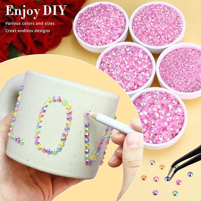 25000PCS Jelly Rhinestones for Crafting, Light Pink AB Resin Flatback Gems 2mm 3mm 4mm 5mm 6mm, Bedazzling Crystal Stones with B7000 Glue Tweezers Wax Pencil, Non Hotfix
