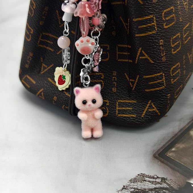 Cute Cat Keychain, Y2K Heart Bow Pendant, Kawaii Cat Bag Charm