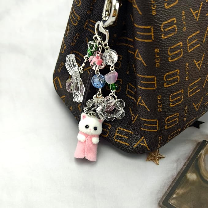Cute Cat Keychain, Y2K Heart Bow Pendant, Kawaii Cat Bag Charm