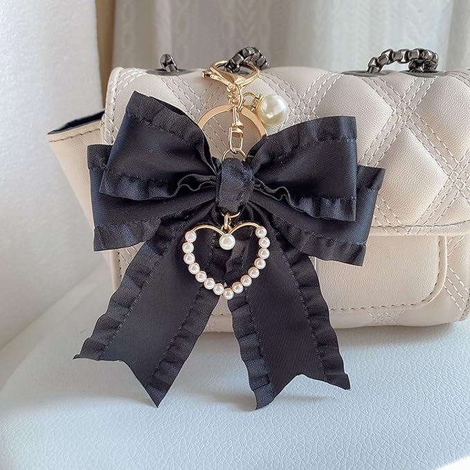 Ribbon Bowknot Bag Charms, Cute Pearl Heart Keyring Holder Purse Hanging Decorations Bag Handbag Pendant
