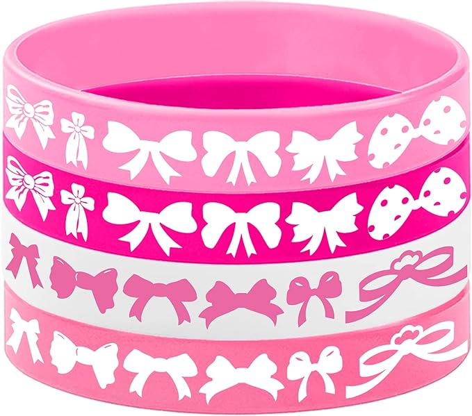 24PCS Pink Bow Silicone Bracelet Party Favors -Bow Rubber Bracelet Party Supplies Decorations Birthday Baby Shower Holiday Class Prizes Party Gifts