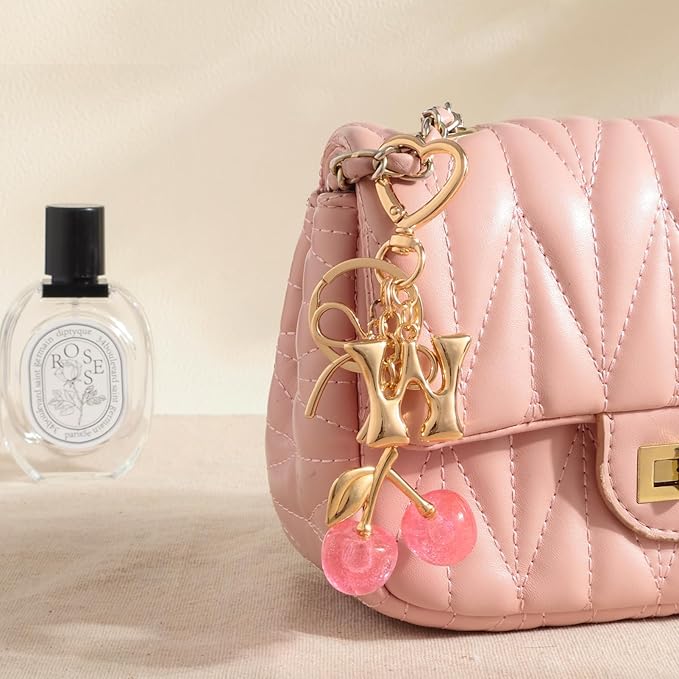 Snycler Bubble Initial Keychain with Cherry & Bow - Gold Letter Bag Charms for Women, Cute Purse Handbag Accessories