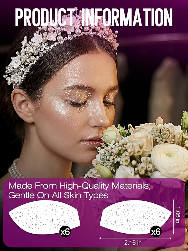 Silver Eye Speckles & Glitter Freckles Eyeliner Stickers, Glow Up Makeup-Up Patches Stars Cute Makeup Accessories for Women, Cosmetic Glitter for Face(6 Pairs)