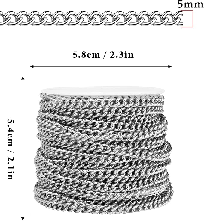33FT Stainless Steel Curb Chain Roll, 5mm 304 Stainless Steel Flat Twisted Links Curb Chains Bulk Spool for Jewelry Making Necklace DIY Craft
