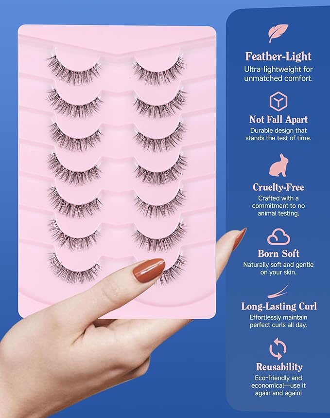 Clear Band Lashes Short Everyday Wispy False Eyelashes Natural Look Flared Strip Eyelash Small Lash Soft Fluffy Pack 7 Pairs C19