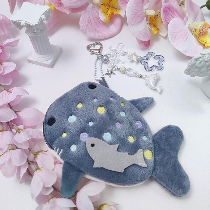 Adorable Whale Shark Coin Purse Keychain,Soft Plush Zipper Coin Purse,Handmade Purse Bag Charm Gift for Women (Grey)