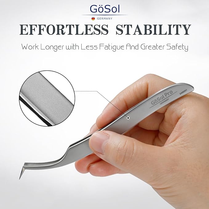 GöSol Pro Lash Tweezers for Eyelash Extensions, Professional Expert Eyelash L-shape Tweezers for High Precision Pick/Fan/Wiggle/Apply; 420 Stainless Steel Lash Tweezer for Volume & Classic Lashes