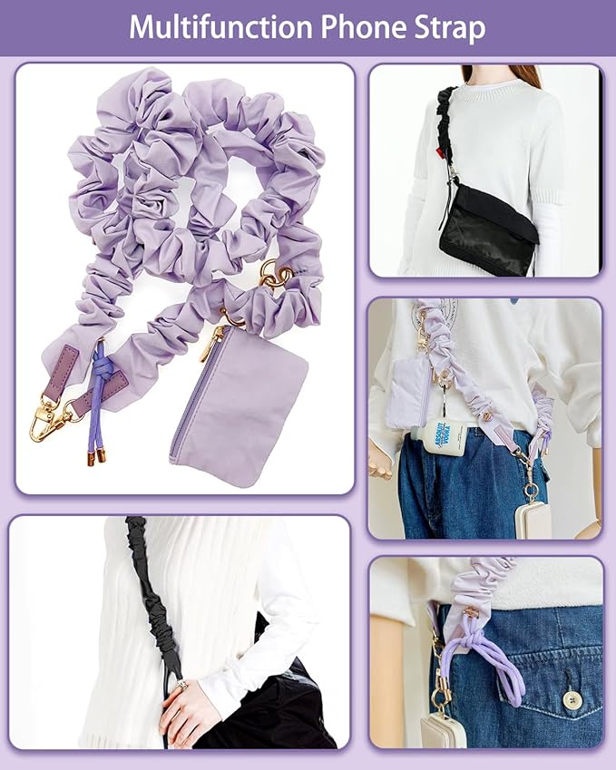 Phone Lanyard Crossbody with Hanging Loops, Clip and Go Strap for Phone with Zipper Wallet, Adjustable Elastic Phone Strap