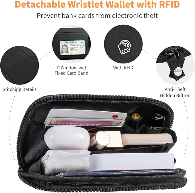 Clip and Go Strap for Phone with Wallet Crossbody Phone Lanyard with Anti-Theft Zipper Pouch Detachable Quilted Wrist Wallet with RFID and ID Window for Daily Travel. Black Large