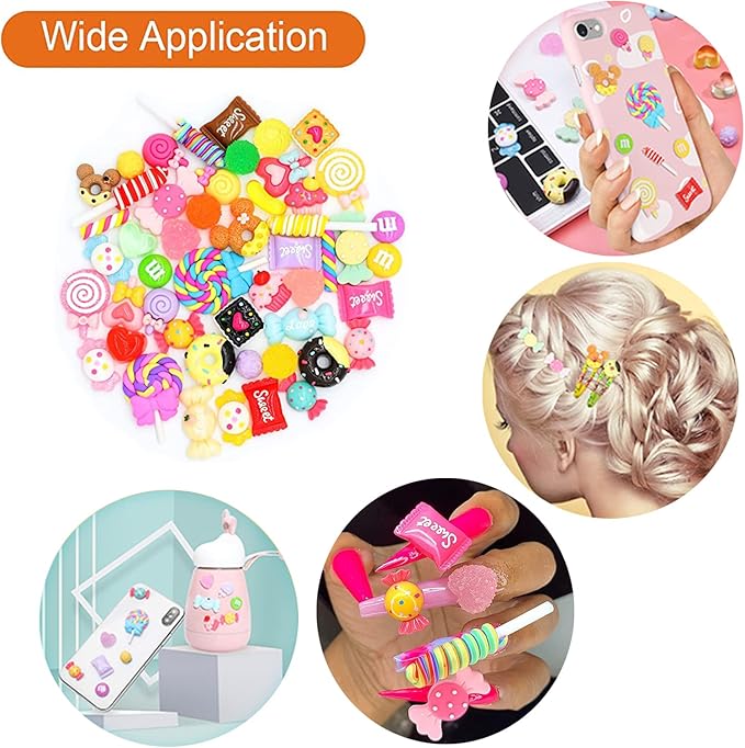 FENGWANGLI 50Pcs Cute Candy Slime Charms,Assorted Kawaii Resin Fake Candy Charms for Crafts,Mini Decoden Flatback Embellishments for Phone Junk Cases,Hairpins,Scrapbooking Crafting & DIY Decor