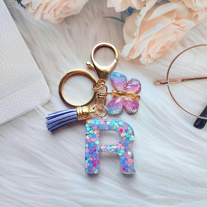 Cute Initial Letter Keychains for Women Girls Tassel Butterfly Pink Purple Green Keychain for Backpack School Bag