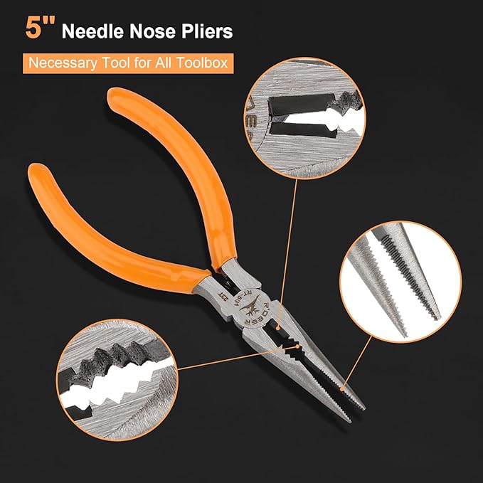 Rongon 5" Needle Nose Pliers for Jewelry Making, 5Pcs Small Needle Nose Pliers Set High Carbon Steel, Mini Long Nose Pliers with Wire Cutter for Home, Fishing, Jewelry, Crafts（5Pcs）