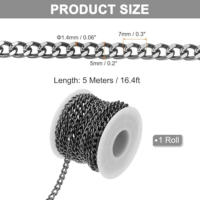 PATIKIL 16.4Ft Aluminium Curb Chains Twisted Links, 7x5mm Curb Chain Spool Jewelry Making Chains Craft Chain for Necklace Bracelet Earring, Black