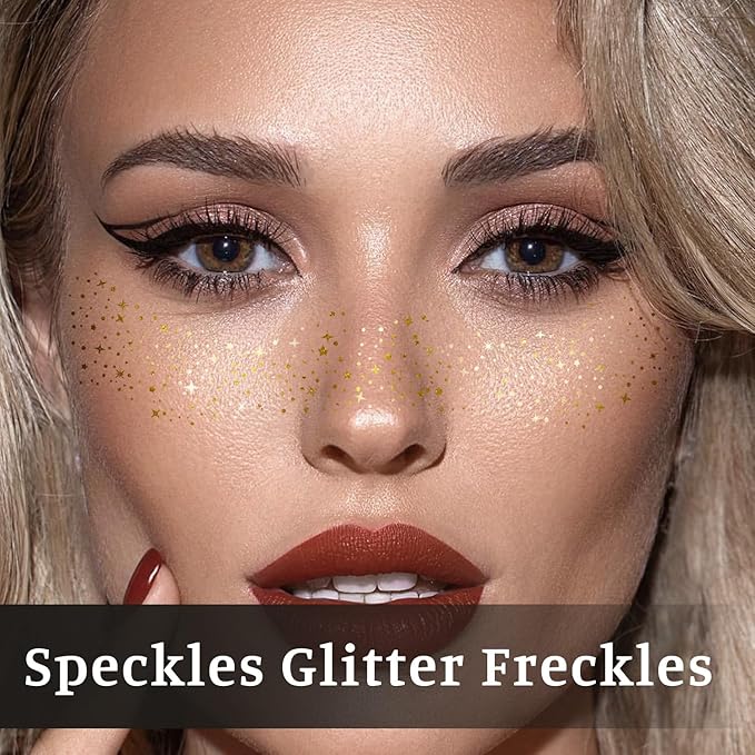 24 PCS Glitter Freckles Face Tattoos Face Glitter Makeup Speckles Patches, Halloween Tattoos Cosplay Party Makeup Accessories for Women Girl, Cosmetic Glitter for Face