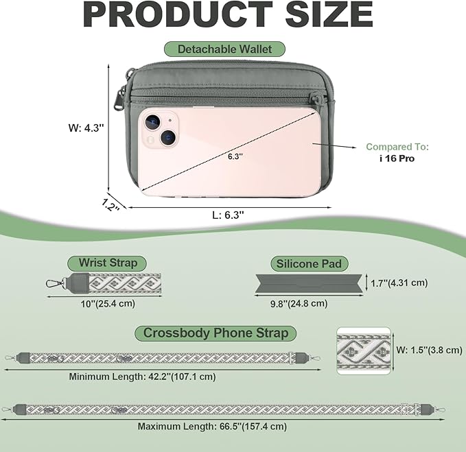 Clip and Go Strap for Phone with Wallet Crossbody, Adjustable Phone Lanyard with Detachable RFID Wristlet Wallet, Pattern Strap, Grey(M)