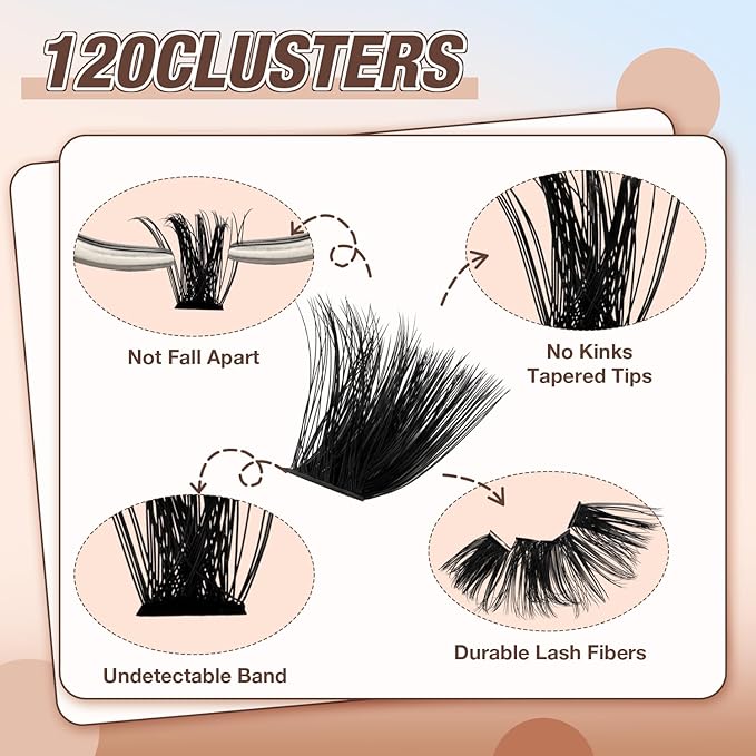 Lash Clusters Kit, DIY Cluster Eyelash Extensions 14‑20mm, 200D, 120pcs Fluffy D Curl Natural Lashes with Bond & Seal,Tweezers–Fake Cat Eye Individual Clusters