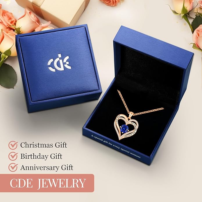 CDE Forever Love Heart Necklaces for Women, Wedding Anniversary, Birthday Mothers Day Christmas Day Gifts for Mom, Mother, Wife, friend, S925 Silver Jewelry with Birthstone Pendant