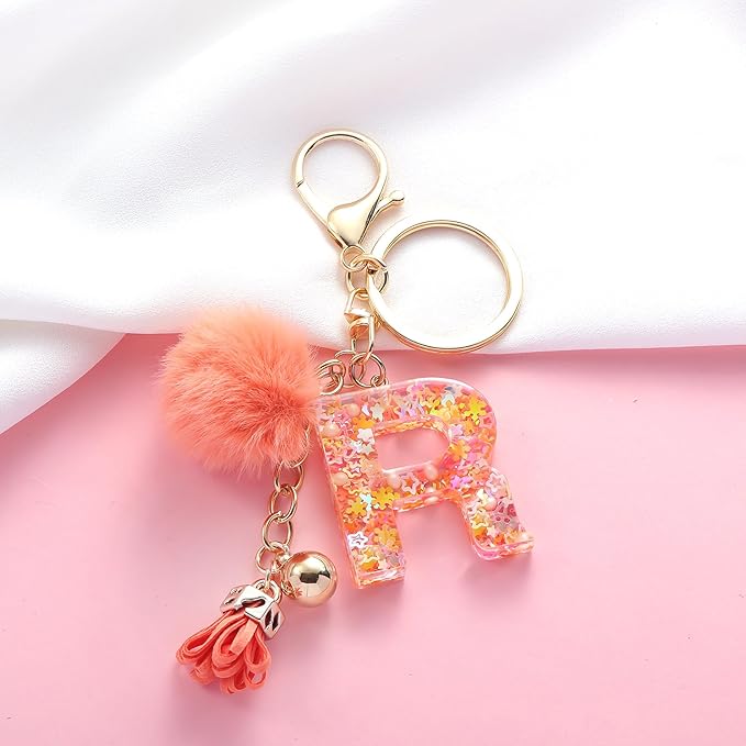Resin Alphabet Initial Letter Keychain Keyring for Women Purse Handbags With Fur Ball Pom